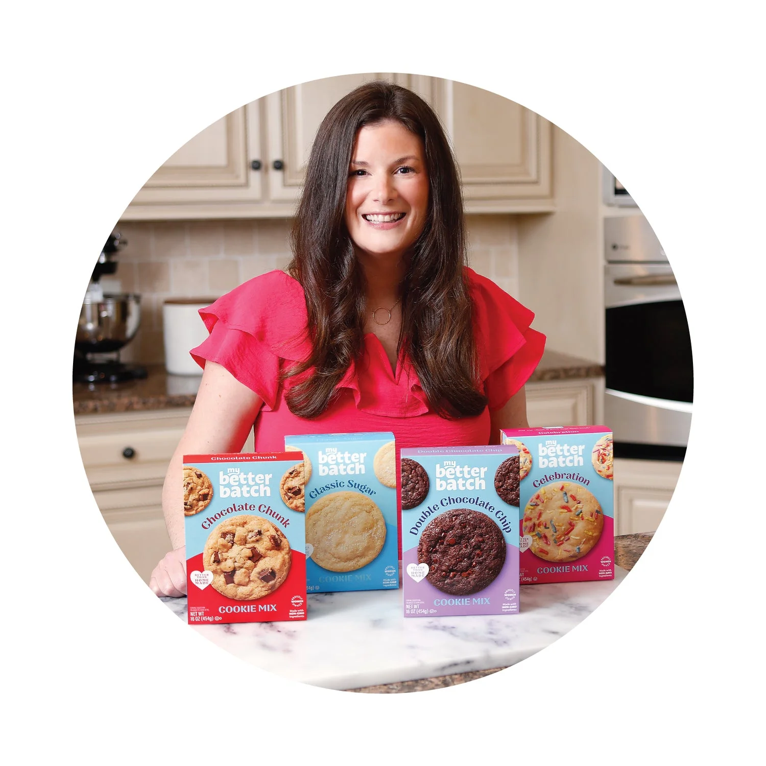 Lindsay, the founder of Gettrehouse, in the kitchen with her boxed cookie mixes.